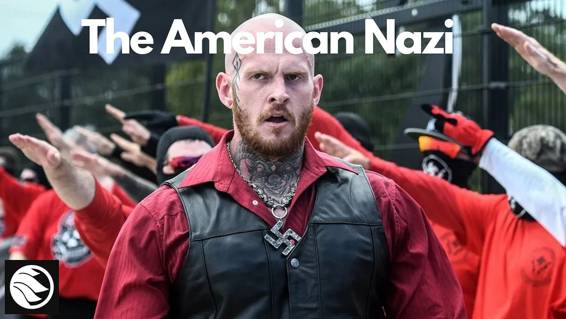 Image of Floridian Nazi rally. Center image is man with a swastika pendant, a red shirt, and shaved head. In the background men with covered faces are doing the Nazi salute. White text centered in image reads “The American Nazi”