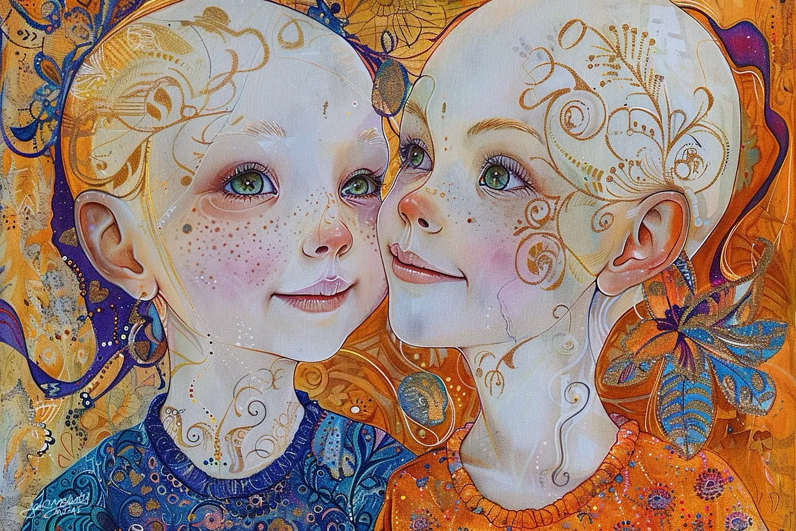 Fanciful and colorful artistic painting of two little girls with no hair. On their heads are henna-like designs.