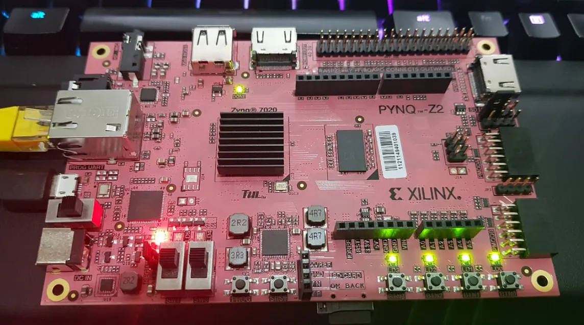 PYNQ-Z2 is shown in the image. You can use switches to control the LEDs on the board. In this photo, all the GREEN LEDS are switched on. | PYNQ-Z2 Absolute Dummy Series blog series by Umer Farooq