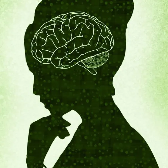 Silhouette drawing of a profile of a woman with her hand on her chin. A brain is visible.