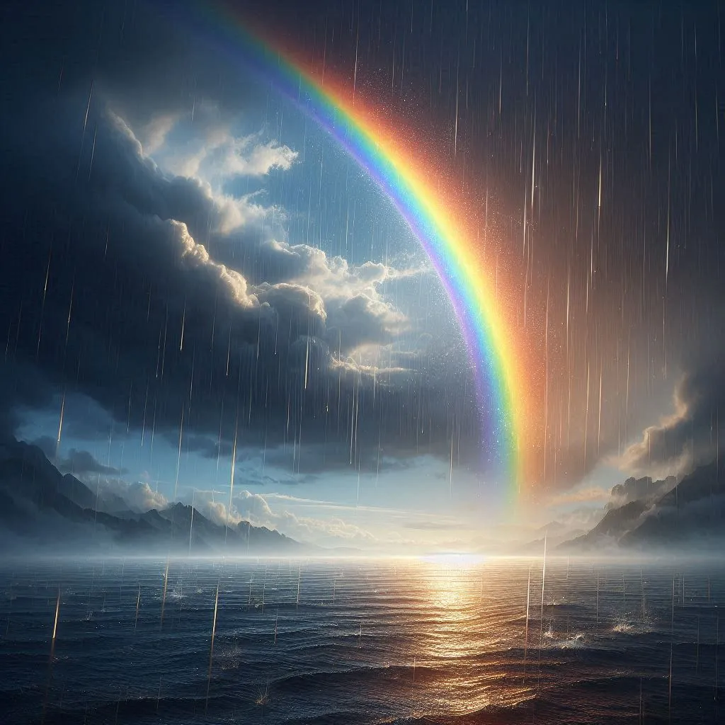 A partial rainbow arcing into a rainy sea.