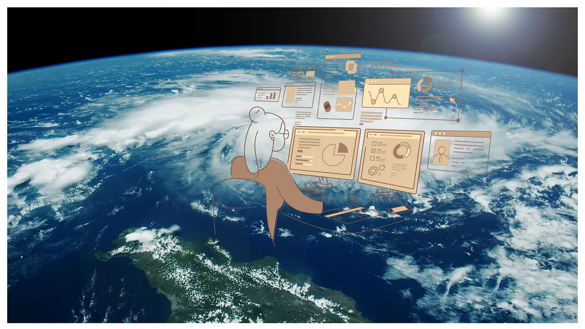 Illustration of a researcher examining climate data on multiple screens with a view of Earth from space, symbolizing the effort to understand and predict climate tipping points