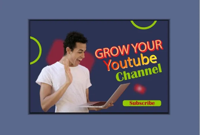 An image with the text ‘GROW YOUR YouTube Channel’ and a button labeled ‘Subscribe.’ There’s a person related to YouTube in the background.