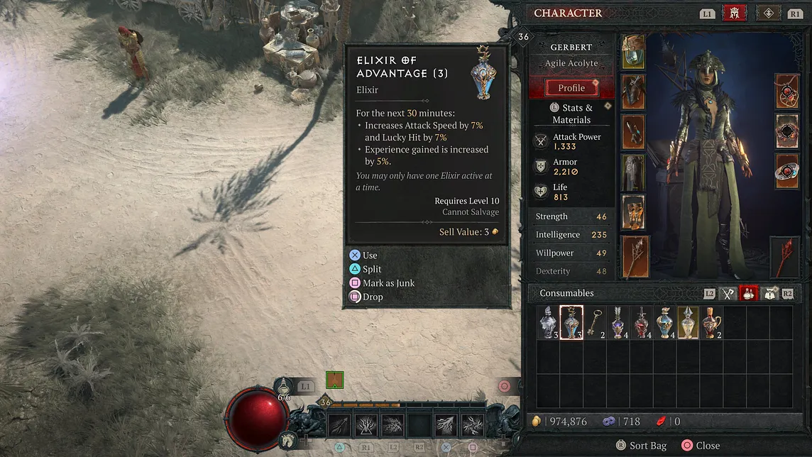 The slightly hidden potions tab in the Diablo IV inventory menu.