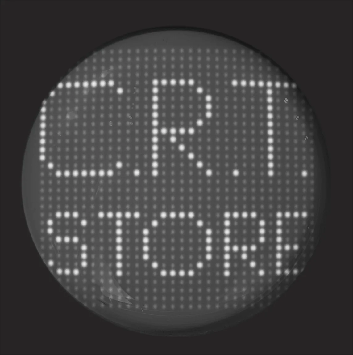 Rounded screen showing “C.R.T. STORE” on a 32x32 grid of pixels.