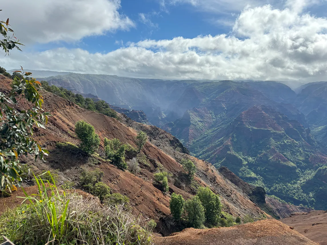 An image of Waimai Canyon on the island of Kauai. This photo is taken from an overlook near the top of the canyon.