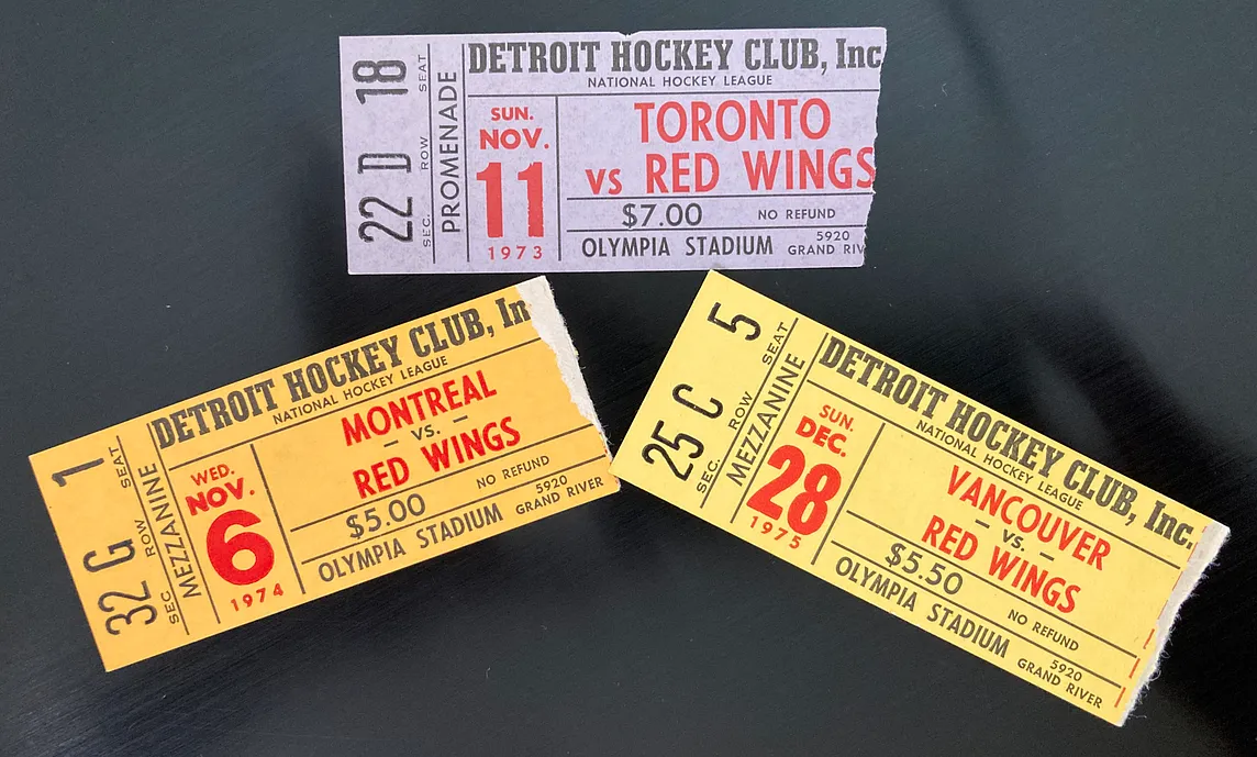 Three different ticket stubs for Detroit Red Wing hockey games in the 1970s