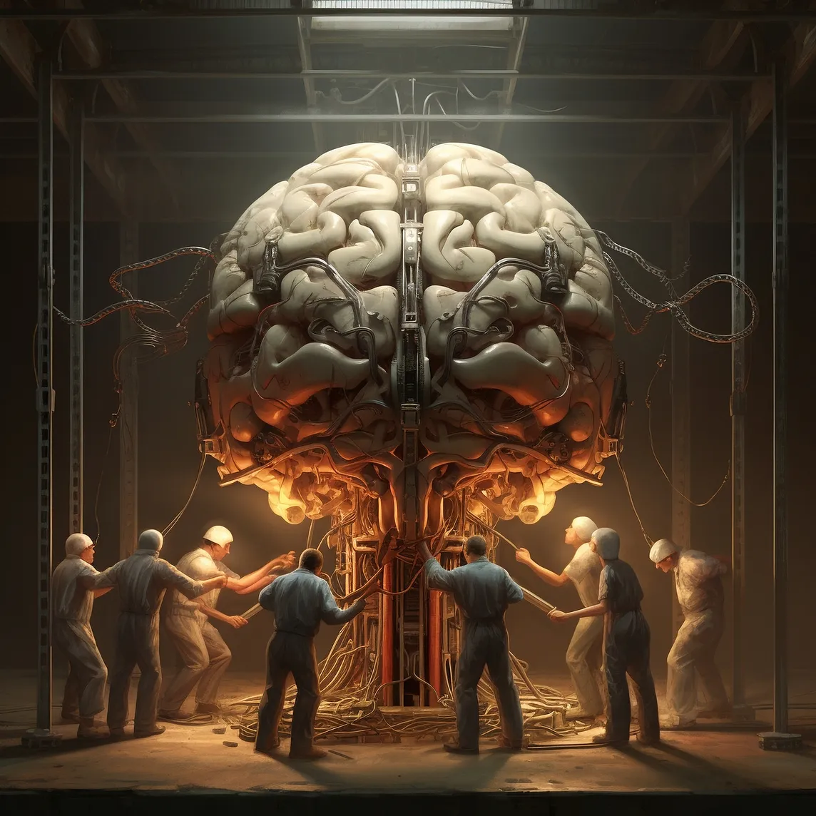 An AI image of workers dwarfed by a giant man-made brain