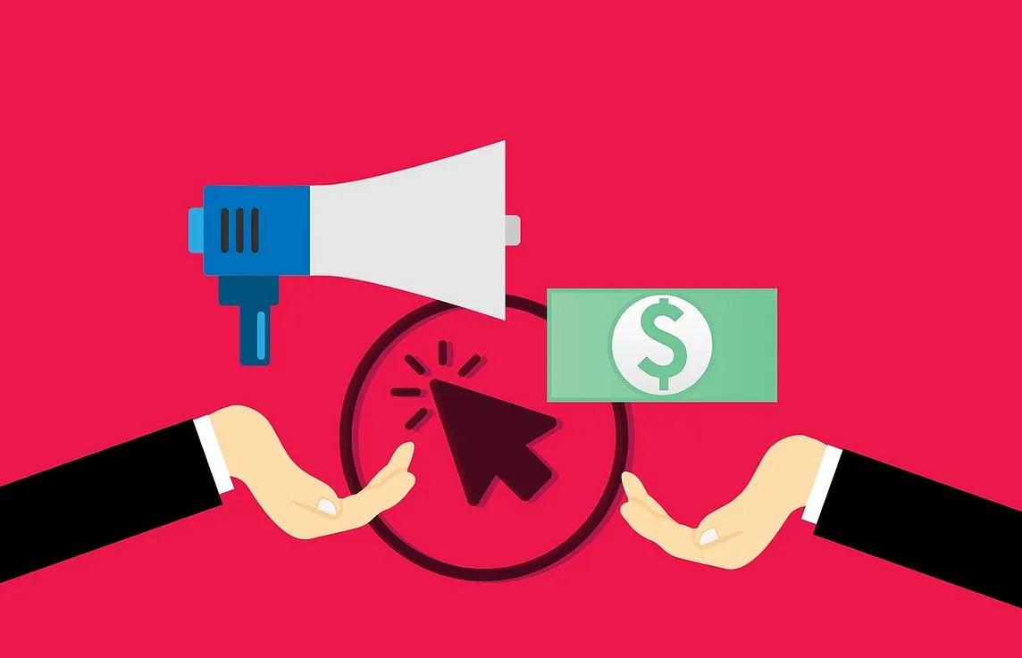 IMAGE: On a red background, a drawing of a hand that clicks on an ad with a bullhorn and another hand with a dollar bill