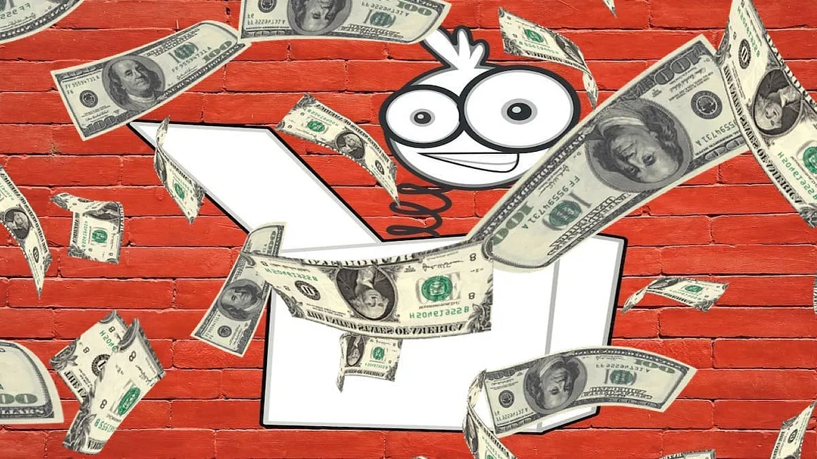 cartoon of a jack-in-the-box with a frazzled character popping up. dollar bills fall chaotically from the sky. the background is a red brick wall, the color of MAGA