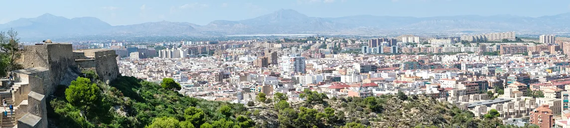 Panoramic view of the city Alicante with high and low rise building, facing the Mediterranean sea.