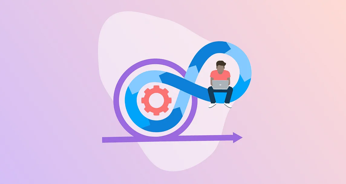 A developer sits comfortable on the DevOps infinity loop, typing on their laptop.