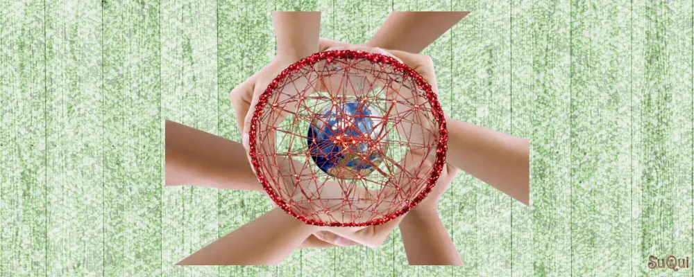 Six hands sending energy to planet Earth with a grid of red thread on it.