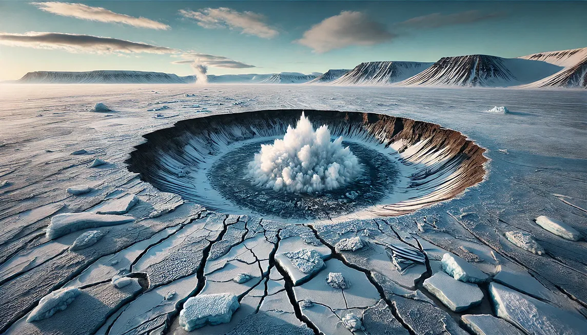 An Arctic landscape in Siberia featuring a large crater surrounded by icy permafrost and patches of thawed soil. The background shows a mixture of ice and snow-covered ground with some cracked and exposed permafrost areas. Above the crater, faint clouds suggest the release of methane gas into the cold, clear air. The sky is pale blue, conveying the remote and frigid nature of the region