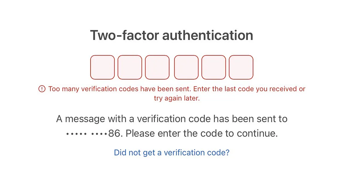 Screenshot of the App Store Connect error message: “Too many verification codes have been sent. Enter the last code you received or try again later.”