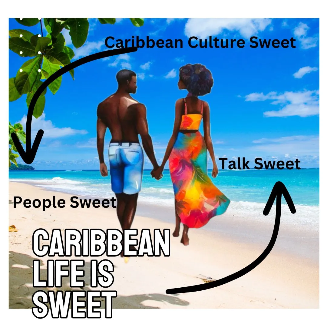 A black couple walking along the beach holding hands, the image also includes arrows pointing to phrases like Talk Sweet, People sweet and Caribbean Life is Sweet!