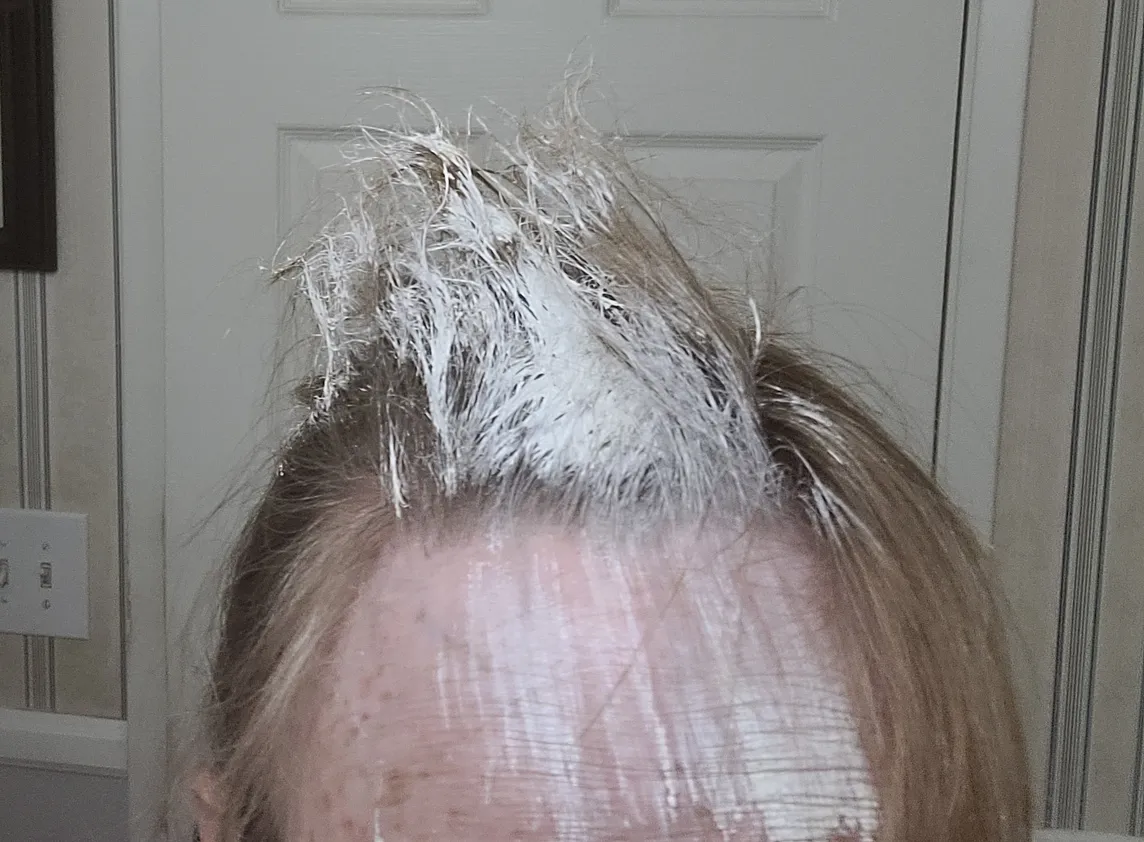 Picture of my head with a ton of white paint in my hair