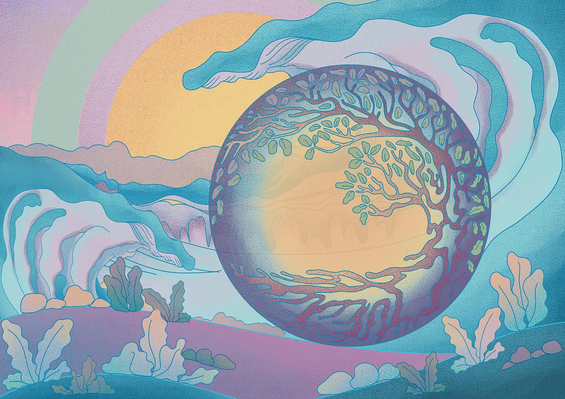 An illustration in hues of purple, blue, green and yellow showing rising waves in the background with shrubbery in the foreground. Overlayed to the center right is a bubble (circle) with a mangrove in the middle.