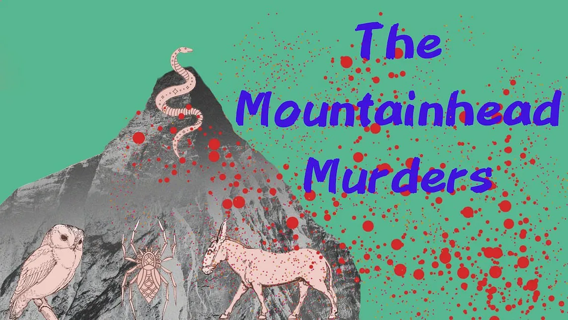 Title card for the story, showing an owl, a donkey, a spider, and a snake in front of a mountain.