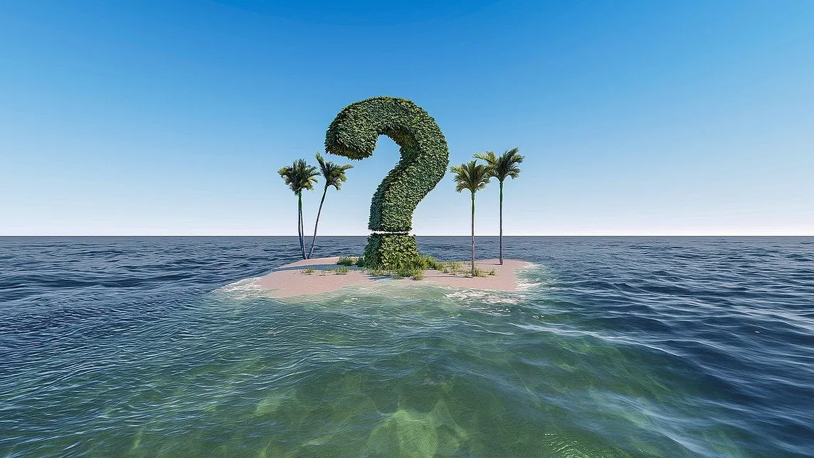 A question mark on a desert island