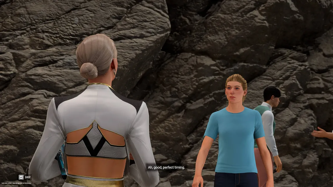 Two women talk with one another in front of a rock wall in Test Drive Unlimited: Solar Crown.