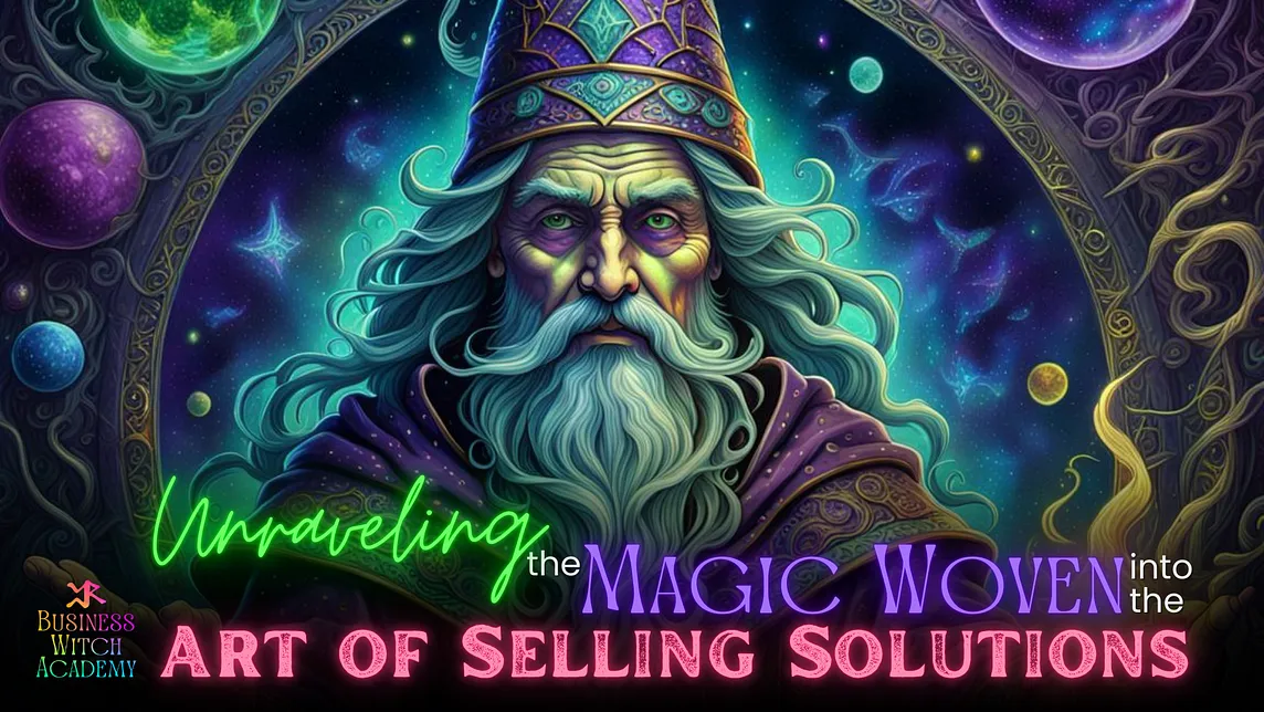 Image of a wizard generated with the assistance of Night Café AI and Canva exclusively for Cheryl Evans, Business Witch Academy, “Unraveling the Magic Woven Into the Art of Selling Solutions”