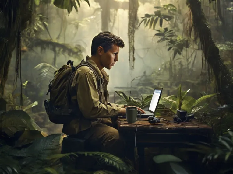 A man in khakis and a backpack is programming a computer in a jungle setting.