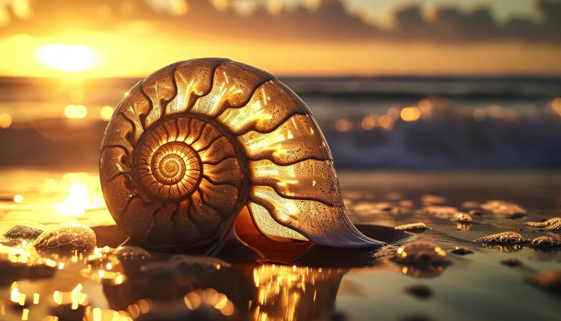 A golden nautilus shell glowing with the light of sunset on a wet reflective beach.