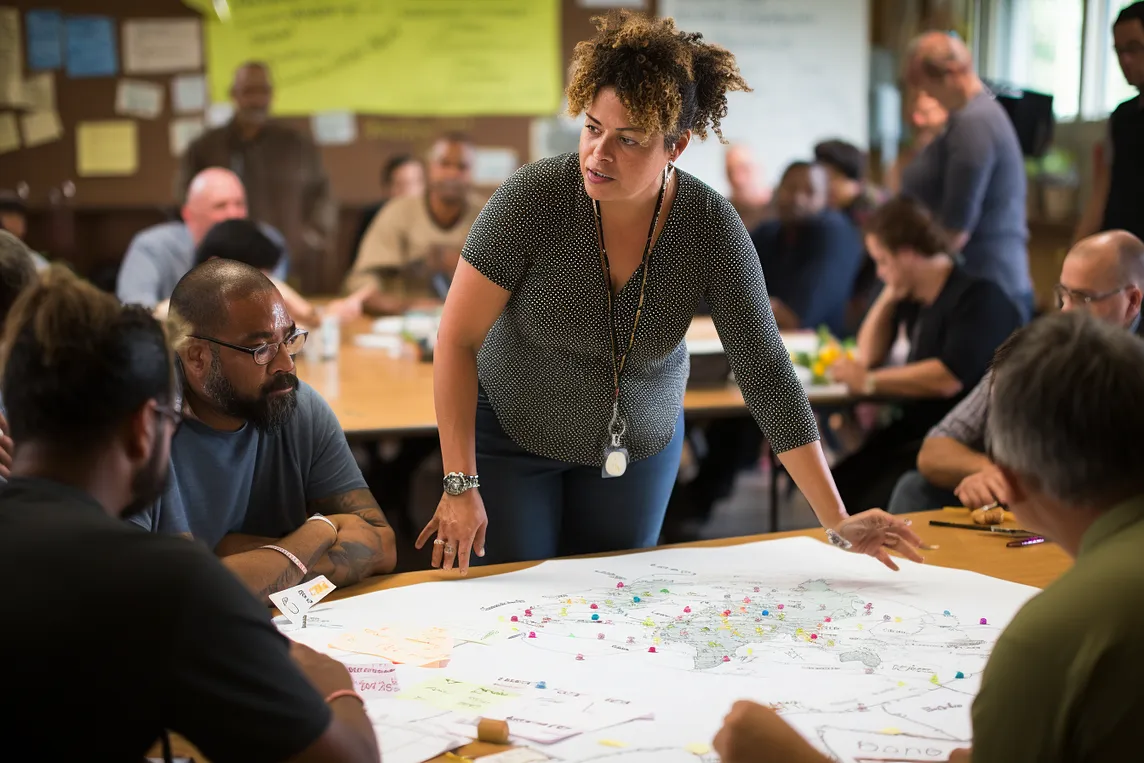 a group of people are sitting around a table with a map at the center of the table. In highligh is a woman standing up and talking to the other participants in the table. At the background we can see other teams sitting in similar formation in other tables.