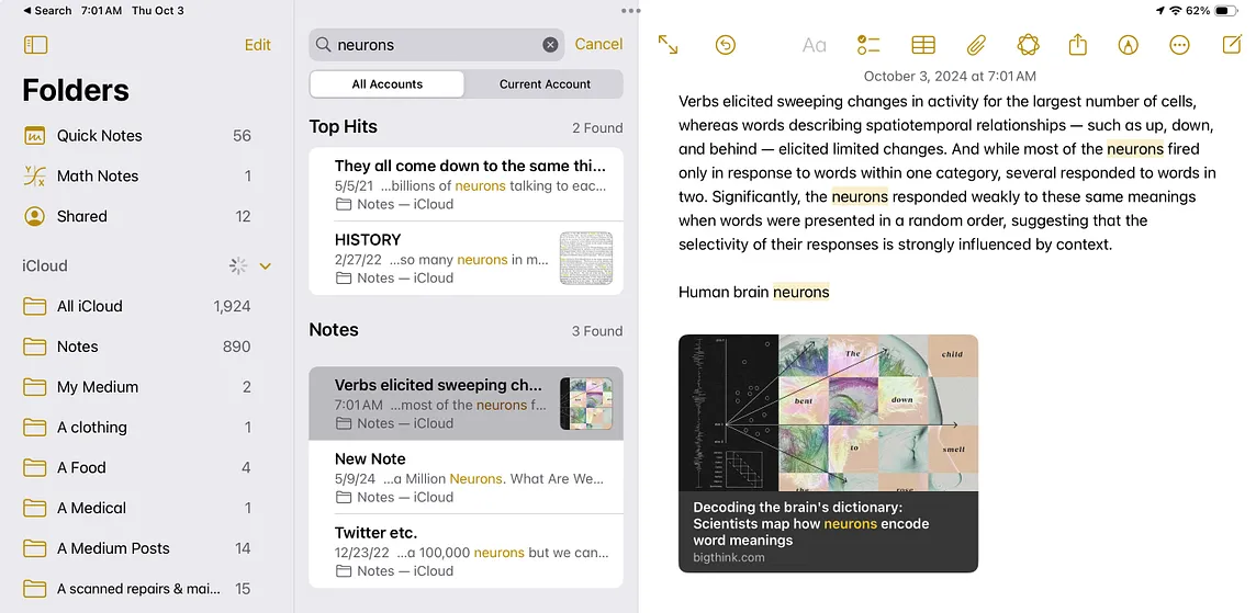 The Notes app on an iOS device. On the left side, the search term “neurons” has been entered, and notes related to the search are displayed under different folders. The note titled “Verbs elicited sweeping changes…” is highlighted, containing text about the activity of neurons in response to different types of words. On the right side, the selected note is displayed, discussing how neurons reacted to words with spatial-temporal relationships (like up, down, and behind) and verbs.