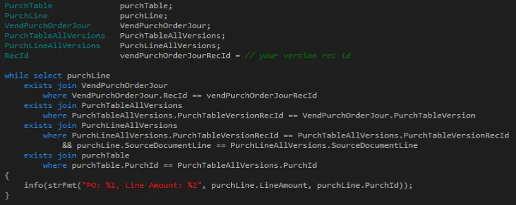 How to get Purchase Order version specific lines using X++ in Dynamics 365 Finance & Operation