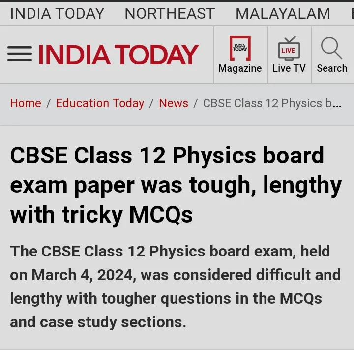 CBSE class 12 physics board exam tough and had questions fromE.g.