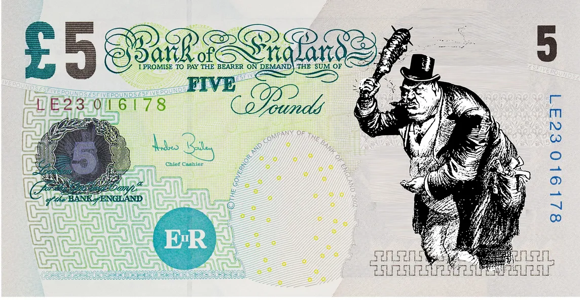 A British five-pound note with the Queen’s face replaced by a vintage engraving of a club-brandishing, cigar-chomping thug.