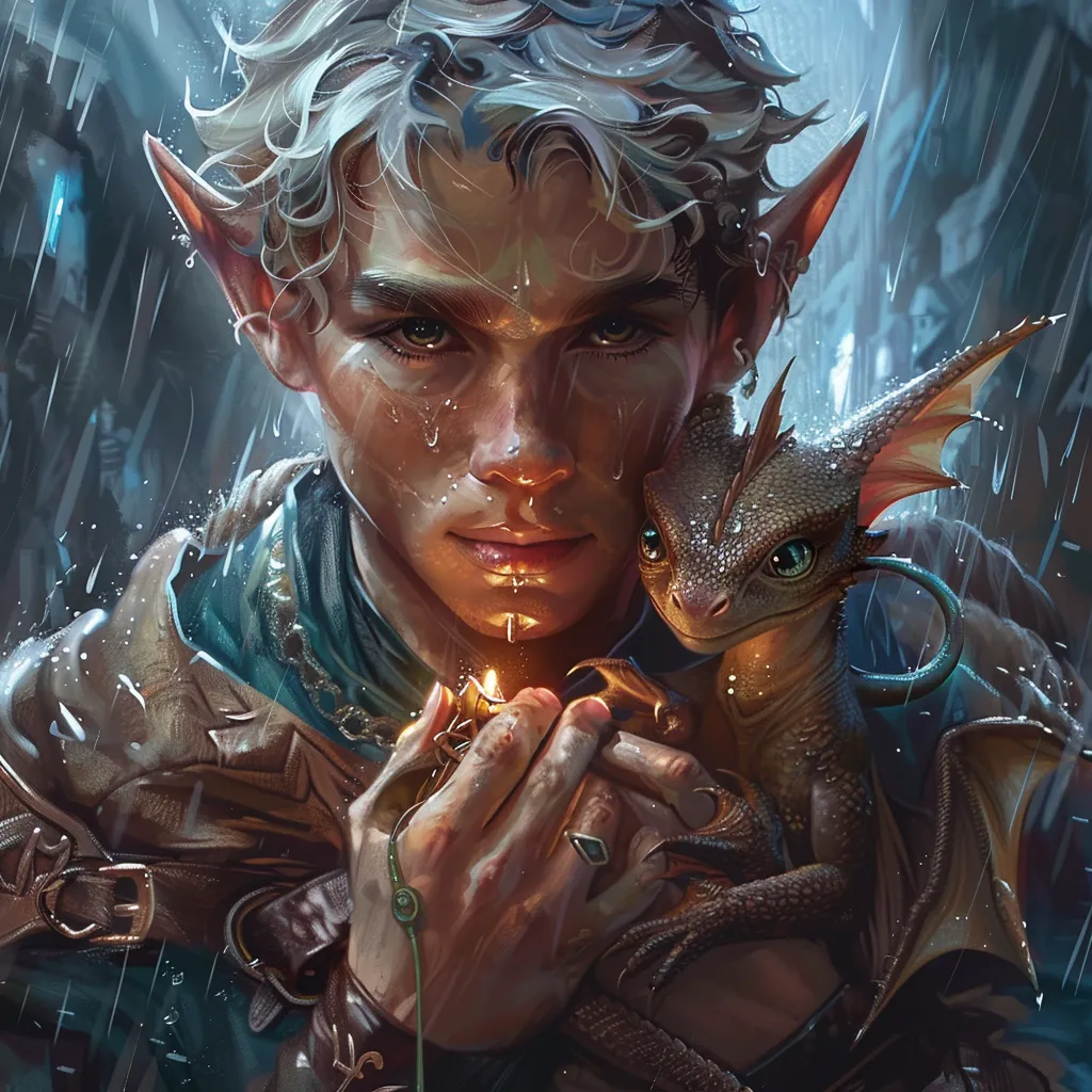 A male elf in a storm, holding a tiny dragon in his arms.
