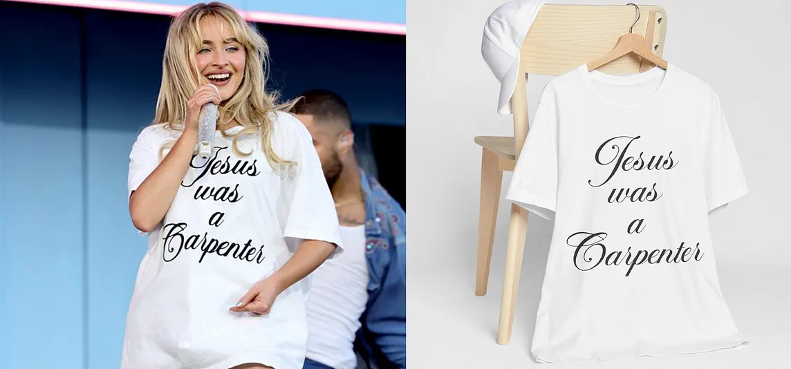 Sabrina Carpenter sports ‘Jesus was a Carpenter’ shirt during her Coachella set.