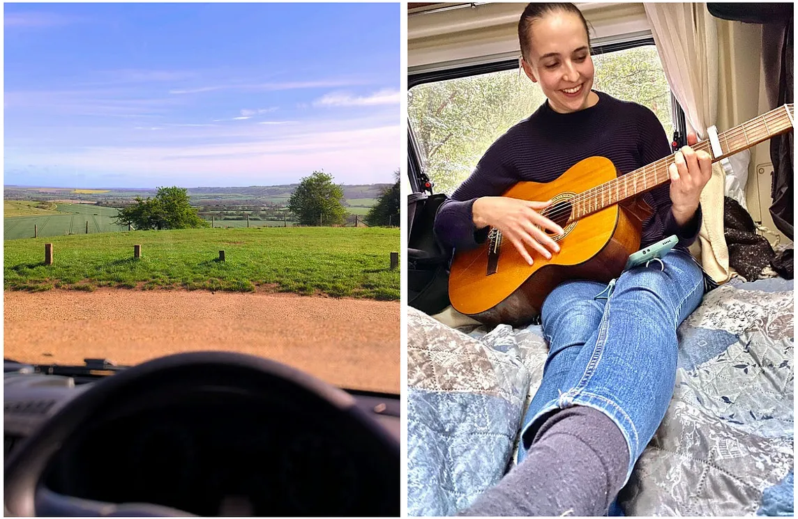 Green fields and blue skies pictured from the windshield of the author’s campervan, and on the right side, the author wearing jeans and a black sweater playing her acoustic guitar.