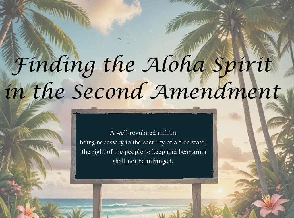 A wooden sign on the island of Hawai’i that has Article 1 Section 17 of the Hawaii Constitution written on it: A well regulated militia being necessary to the security of a free state, the right of the people to keep and bear arms shall not be infringed. Above the sign is the title of the article “Finding the Aloha Spirit in the Second Amendment”