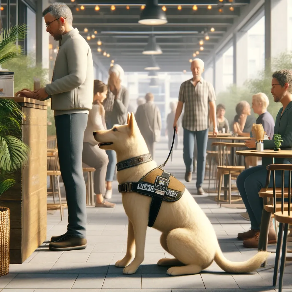 A photorealistic image showing a service dog in a vest, attentively focused on its handler in a public setting, while surrounding people respectfully maintain distance and refrain from interacting with the dog.