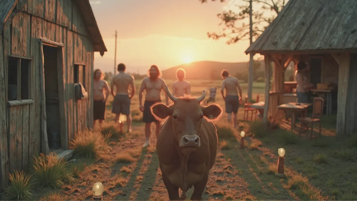 A cow is looking at the camera at sunset on a farm.