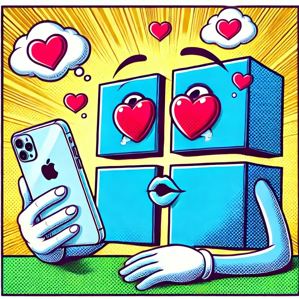 IMAGE: A comic-style illustration of the Microsoft four squares logo in love with an iPhone