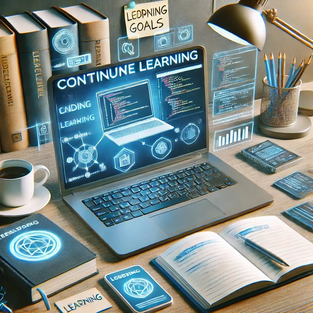 A modern workspace representing continuous learning in web development, featuring a laptop displaying an online coding course. Surrounding the laptop are web development books, a tablet with a coding tutorial, and sticky notes with learning goals, symbolizing a commitment to ongoing skill development.