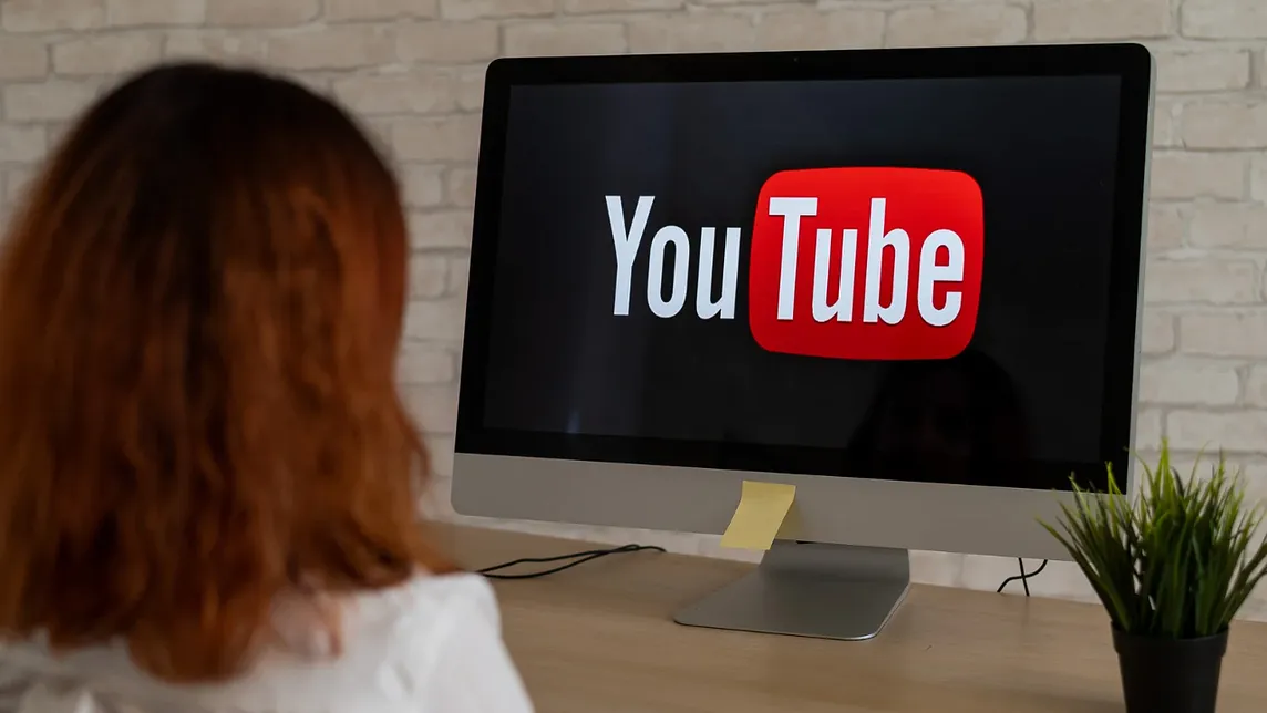 This image shows a woman viewing the YouTube logo on a large desktop computer screen. The setting appears to be a home office with a white brick wall in the background and a small potted plant on the desk.