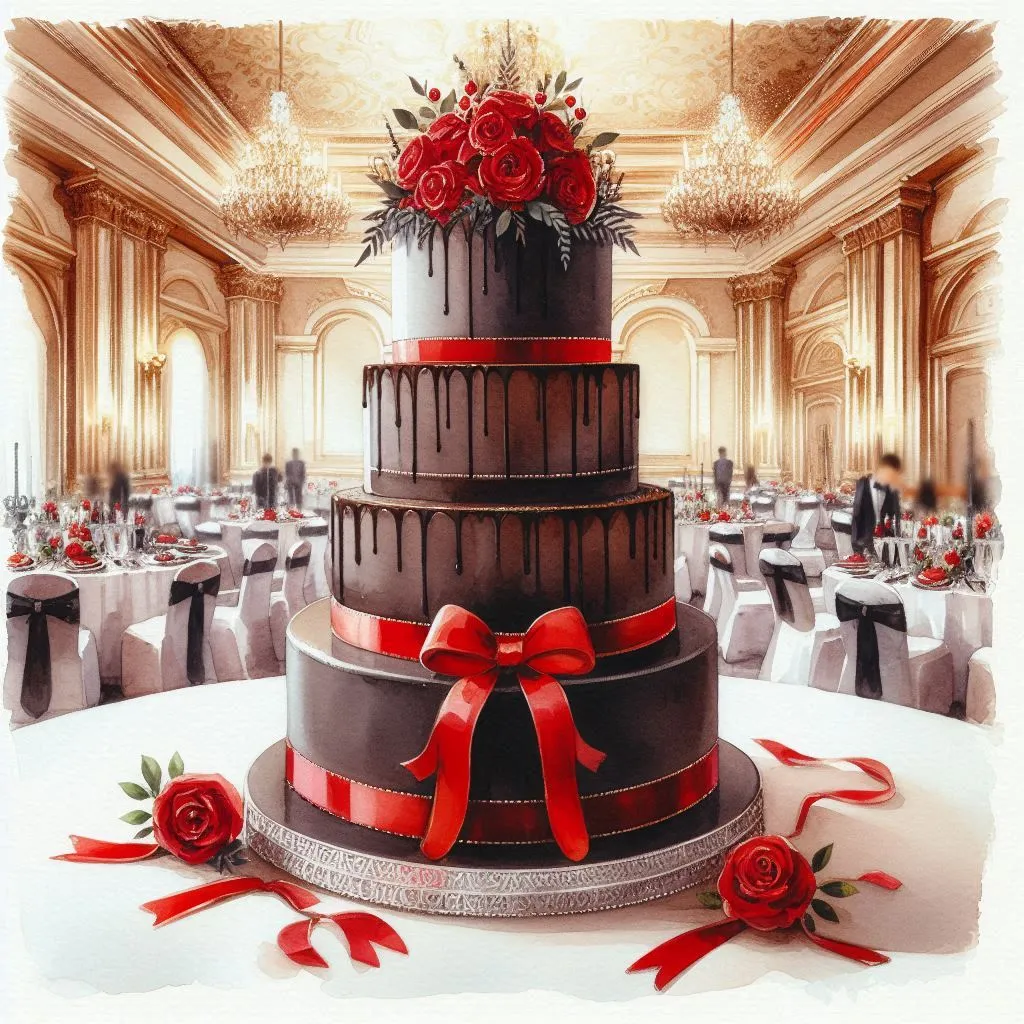 A choclate wedding cake in an empty hall.