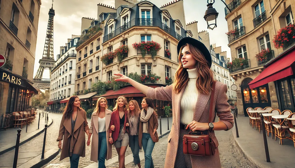 A woman with a béret showing other women around Paris. The Eiffeltower is in the background.