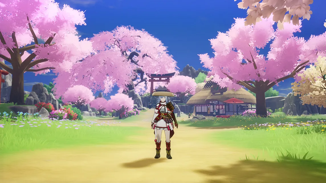 The customizable main character of Rune Factory: Guardians of Azuma stands on a road surrounded by bright pink trees.