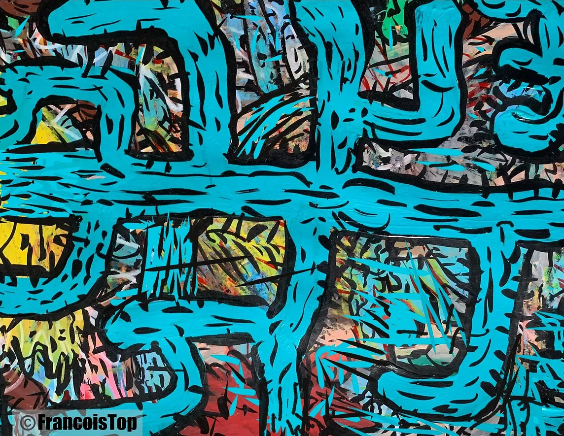 A colorful abstract painting featuring thick, bright turquoise lines with black outlines forming looping and intersecting shapes. The background is densely filled with chaotic, multicolored brushstrokes in red, yellow, pink, green, and white. The bottom left corner contains the text “© FrancoisTop” in bold black font.
