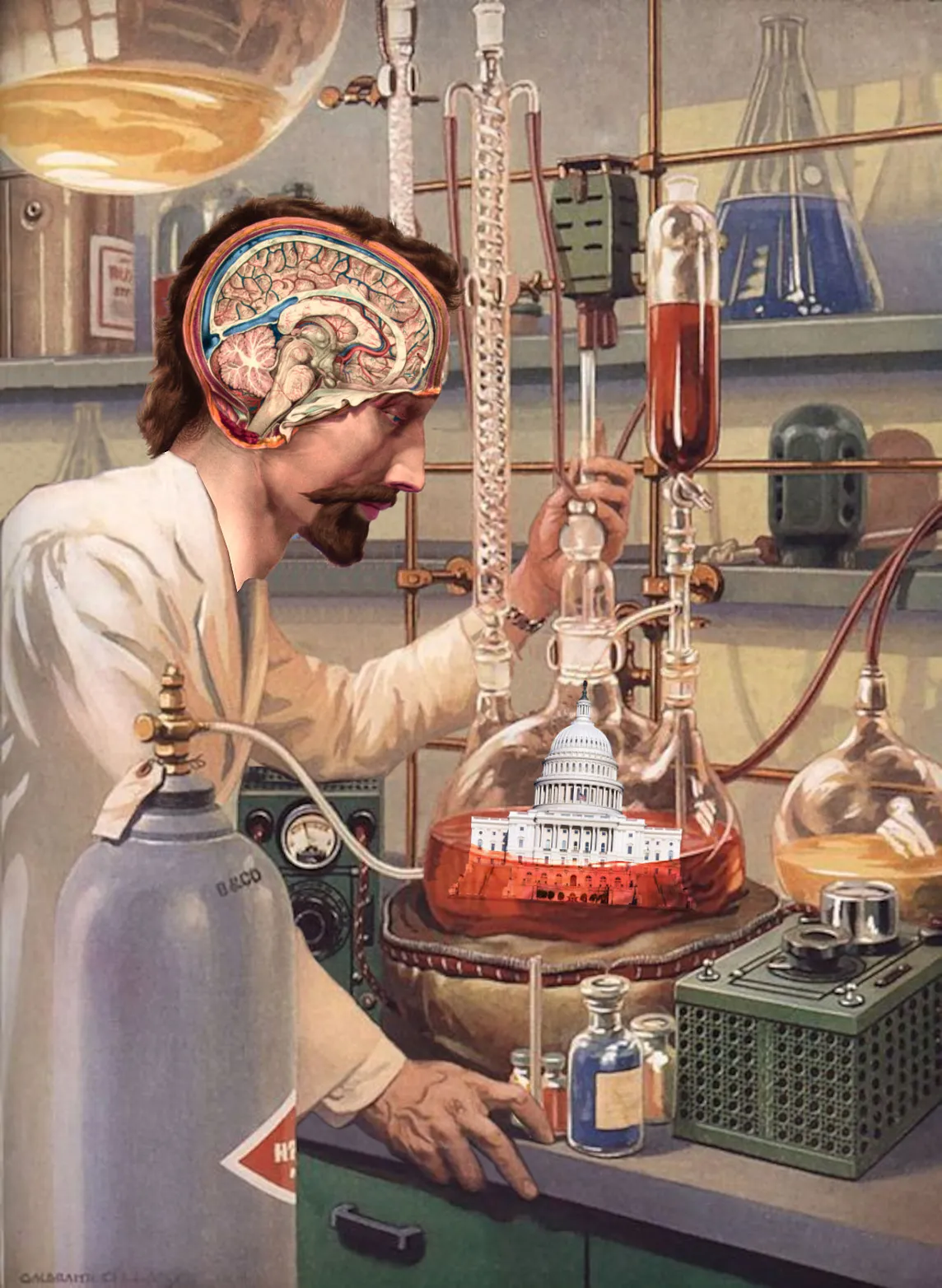 A lab-coated scientist amidst an array of chemistry equipment. His head has been replaced with a 19th-century anatomical lateral cross-section showing the inside of a bearded man’s head, including one lobe of his brain. He is peering at a large flask half-full of red liquid. Inside the liquid floats the Capitol building.