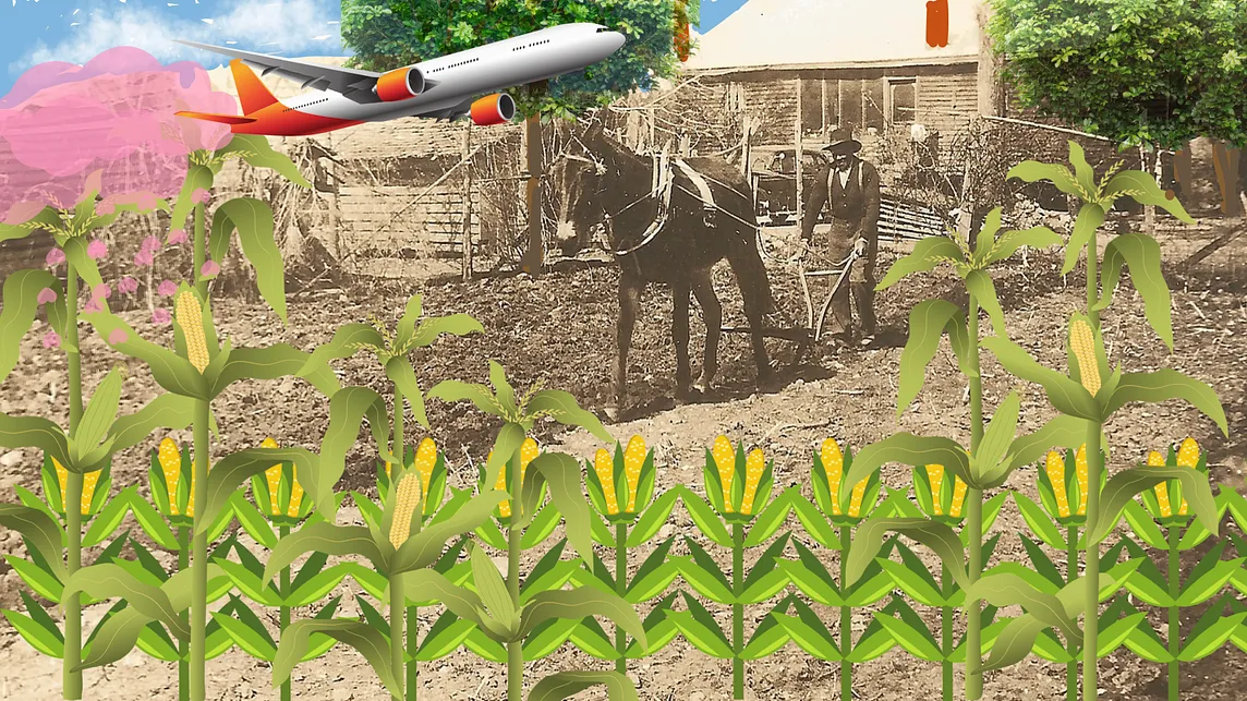 A colorful farmstead. A farmer walks behind his mule with a hand-plow, while a modern jet flies overhead, spraying a pink substance over the land.