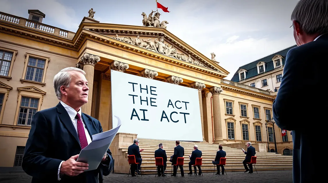 A group of lawyers at a European courthouse, engaged in discussions about the AI Act and its legal ramifications.