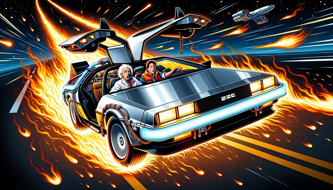 An illustration of the iconic DeLorean from “Back to the Future” racing on a road, leaving blazing fire trails in its wake, with Marty McFly and Dr. Emmett Brown inside looking out in surprise.